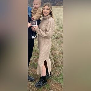 Elegant Beige Ribbed Sweater Dress